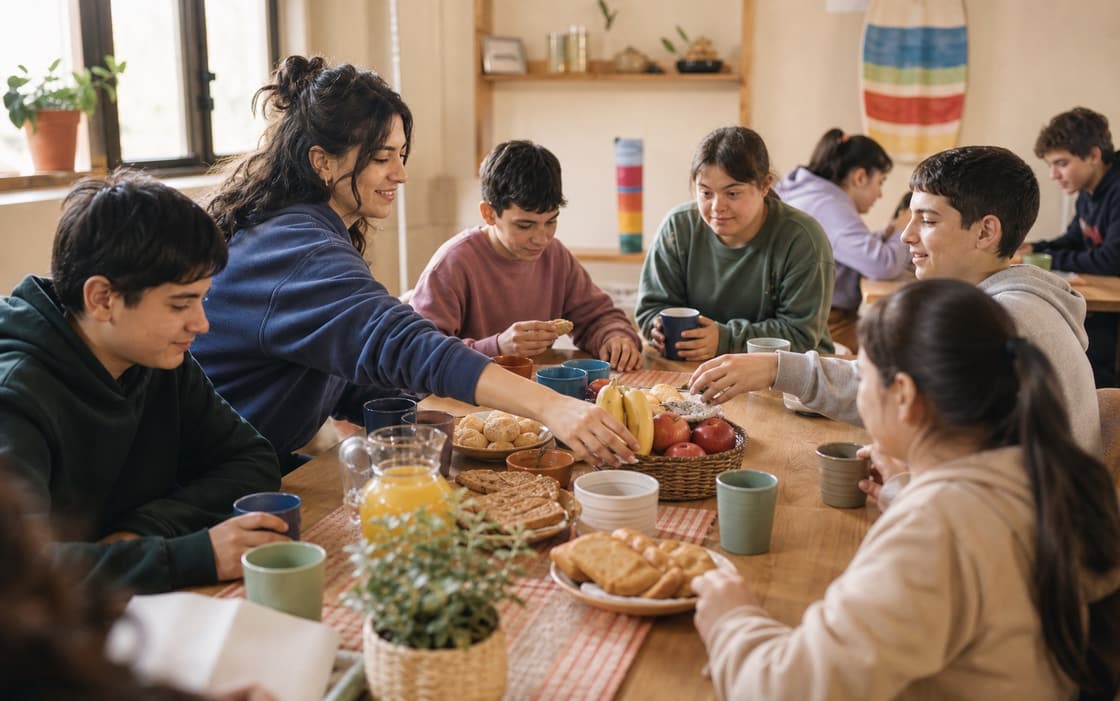 Merienda compartida alrededor de la mesa